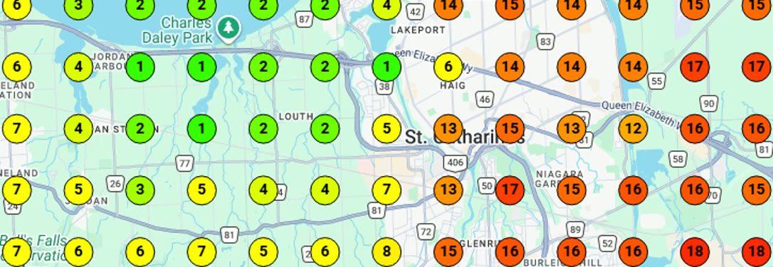 Close-up of the grid: rank 1 near the business, rank 15 to 18 across town